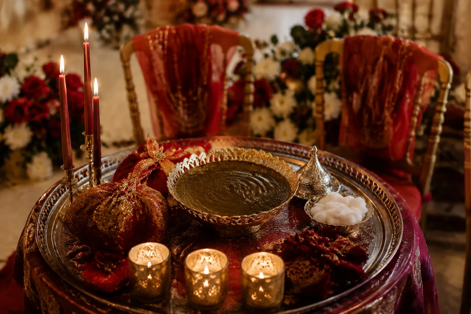 Henna tray, candles, and seating prepared for the central ritual