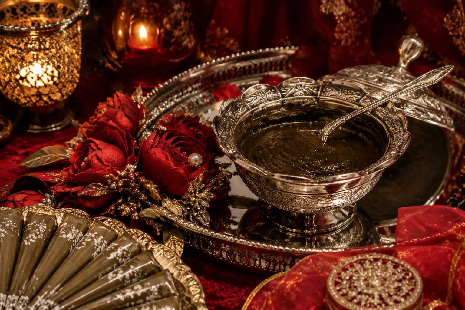 Decorated henna tray prepared for a kina gecesi hand application