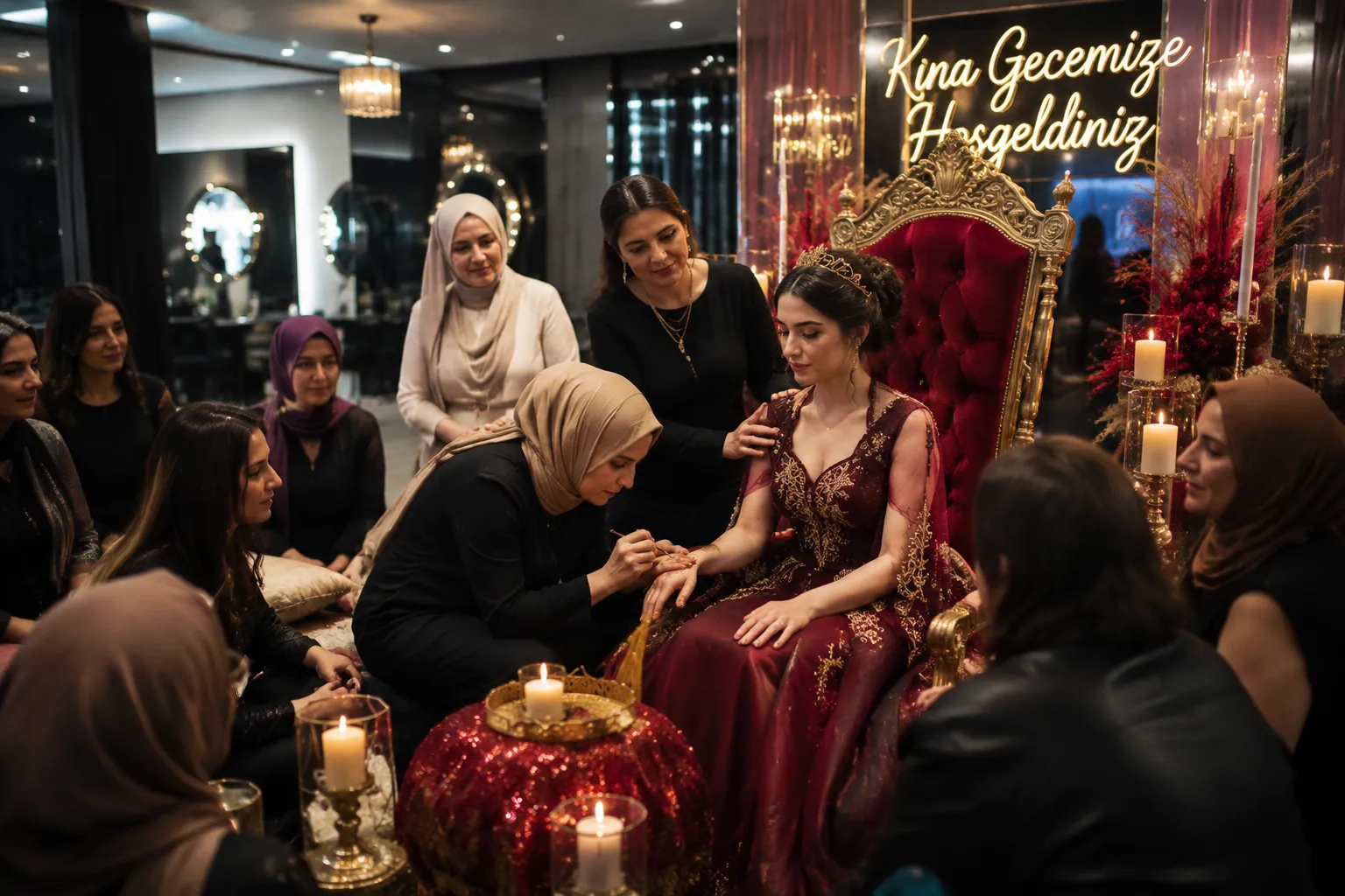 Bride receiving support from family during a contemporary henna night celebration