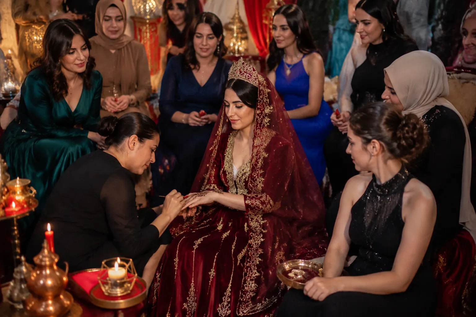 Guests gathering around a bride during a contemporary kina gecesi henna night