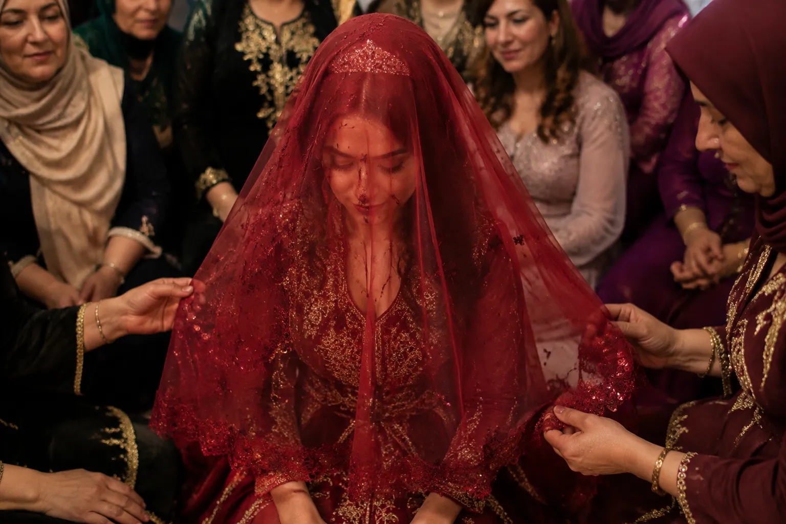 Bride wearing a red veil during a Kina Gecesi entrance