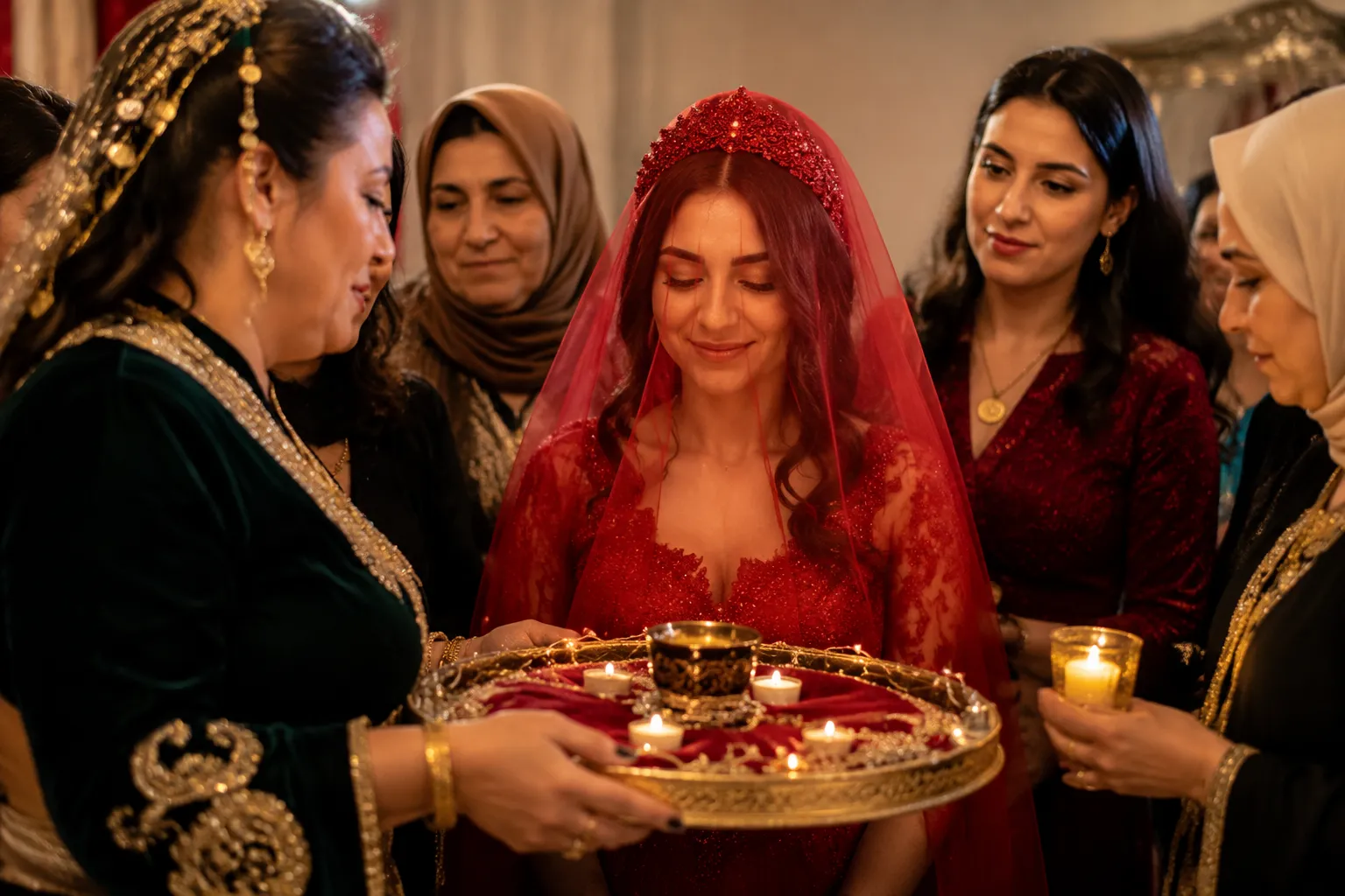 Henna night ceremony procession with candles and a decorated henna tray
