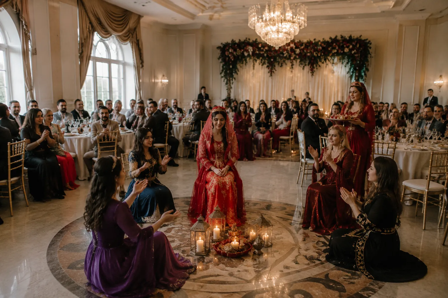 Reception tables arranged around an open space for a henna-night timeline