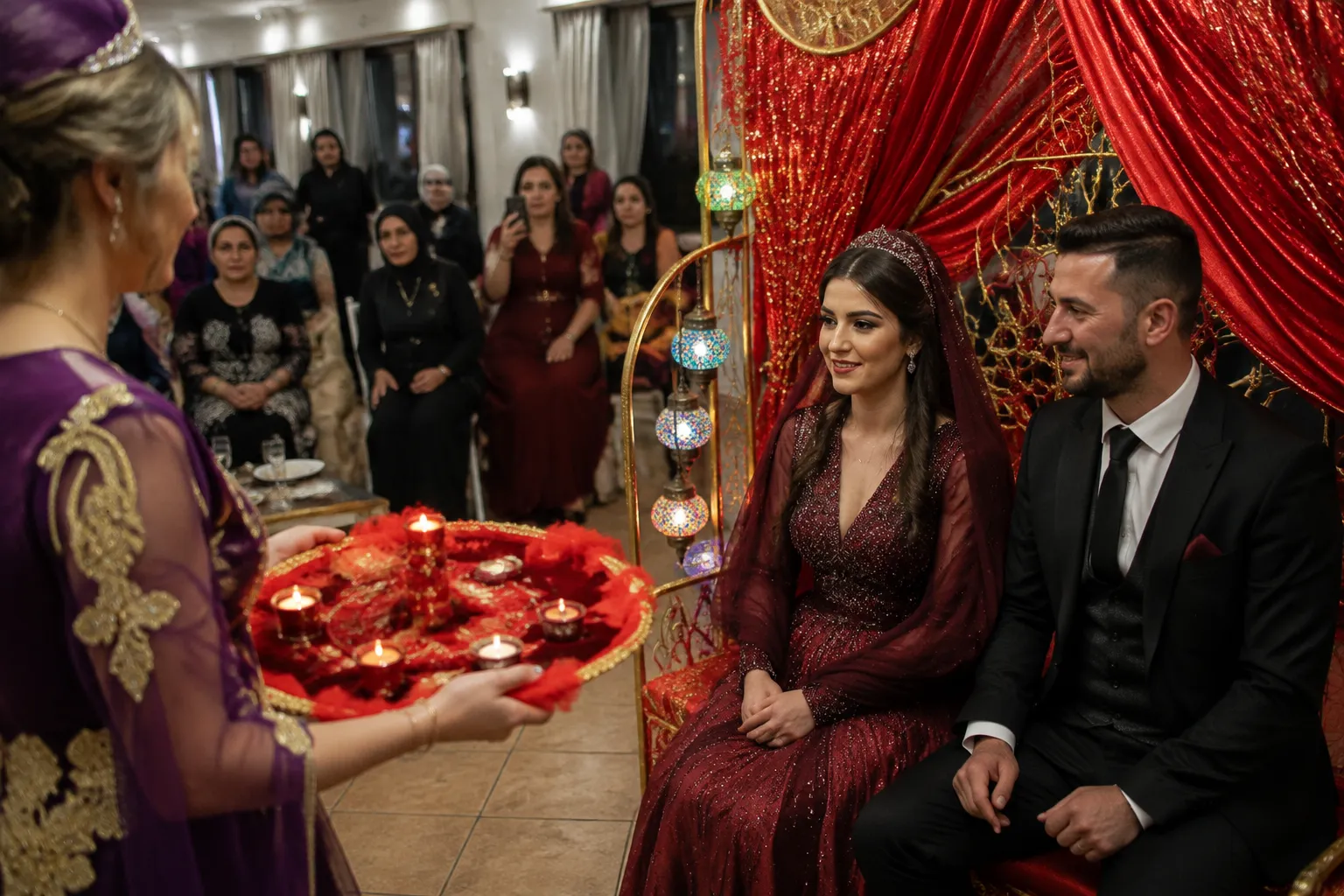 Henna-night procession with a ceremonial tray and seated couple
