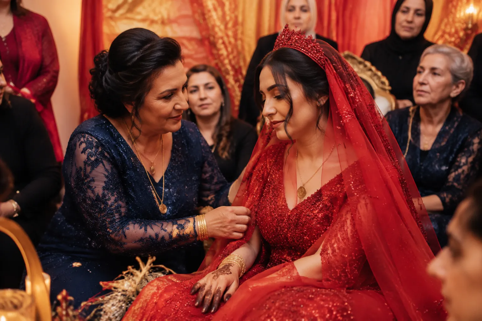 Mother of the bride supporting the bride during a Turkish kina gecesi henna night