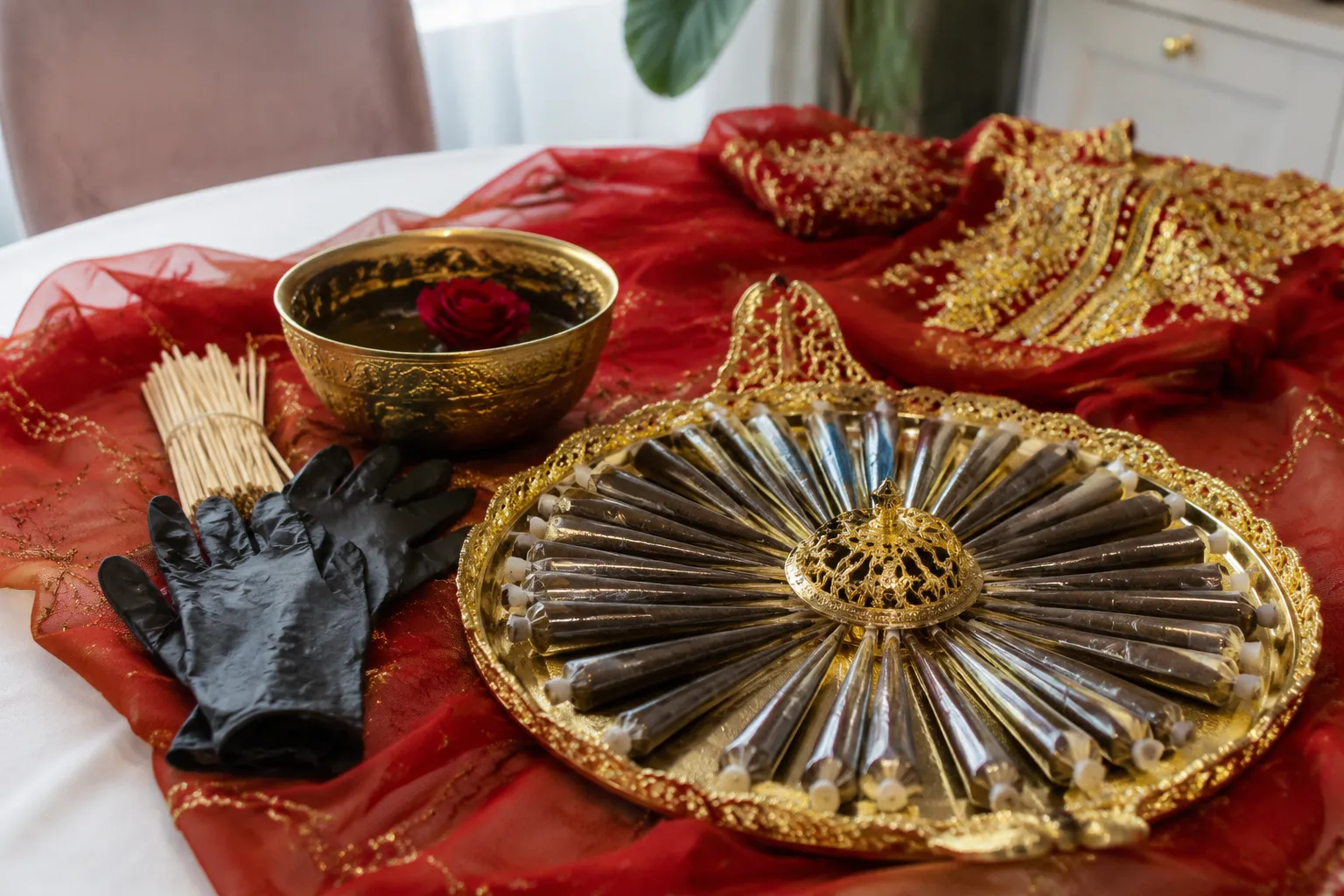 Henna night ceremony supplies arranged on a decorated tray