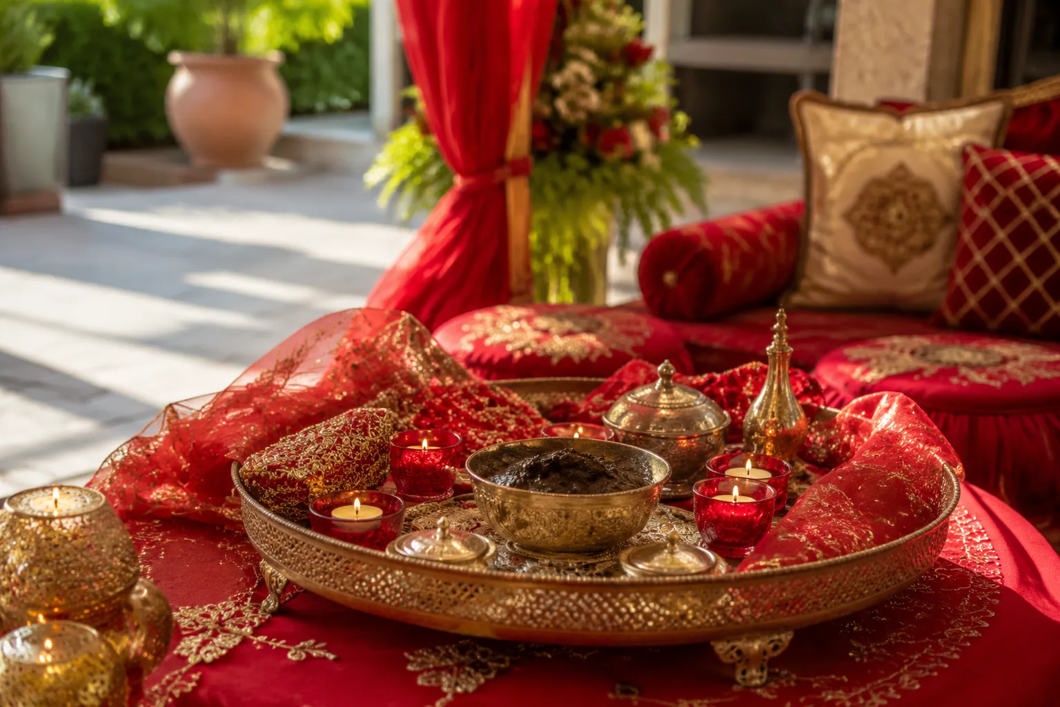 Henna night decoration arrangement with a tray, red textiles, candles, and seating details