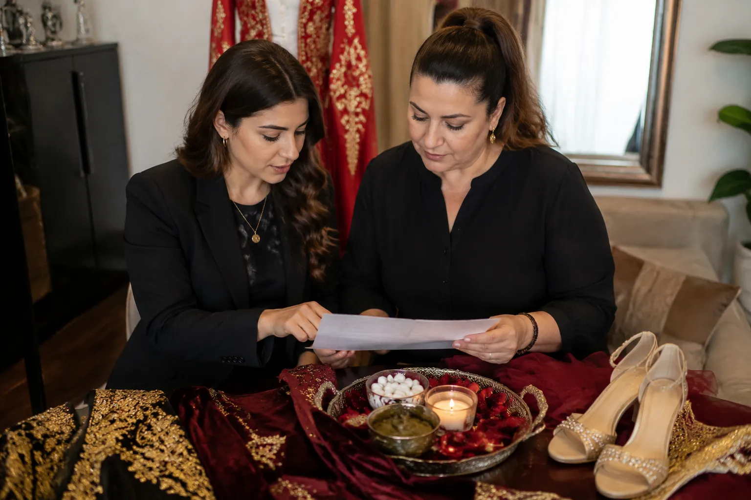 Bride attendant and family coordinator reviewing a henna night ceremony plan