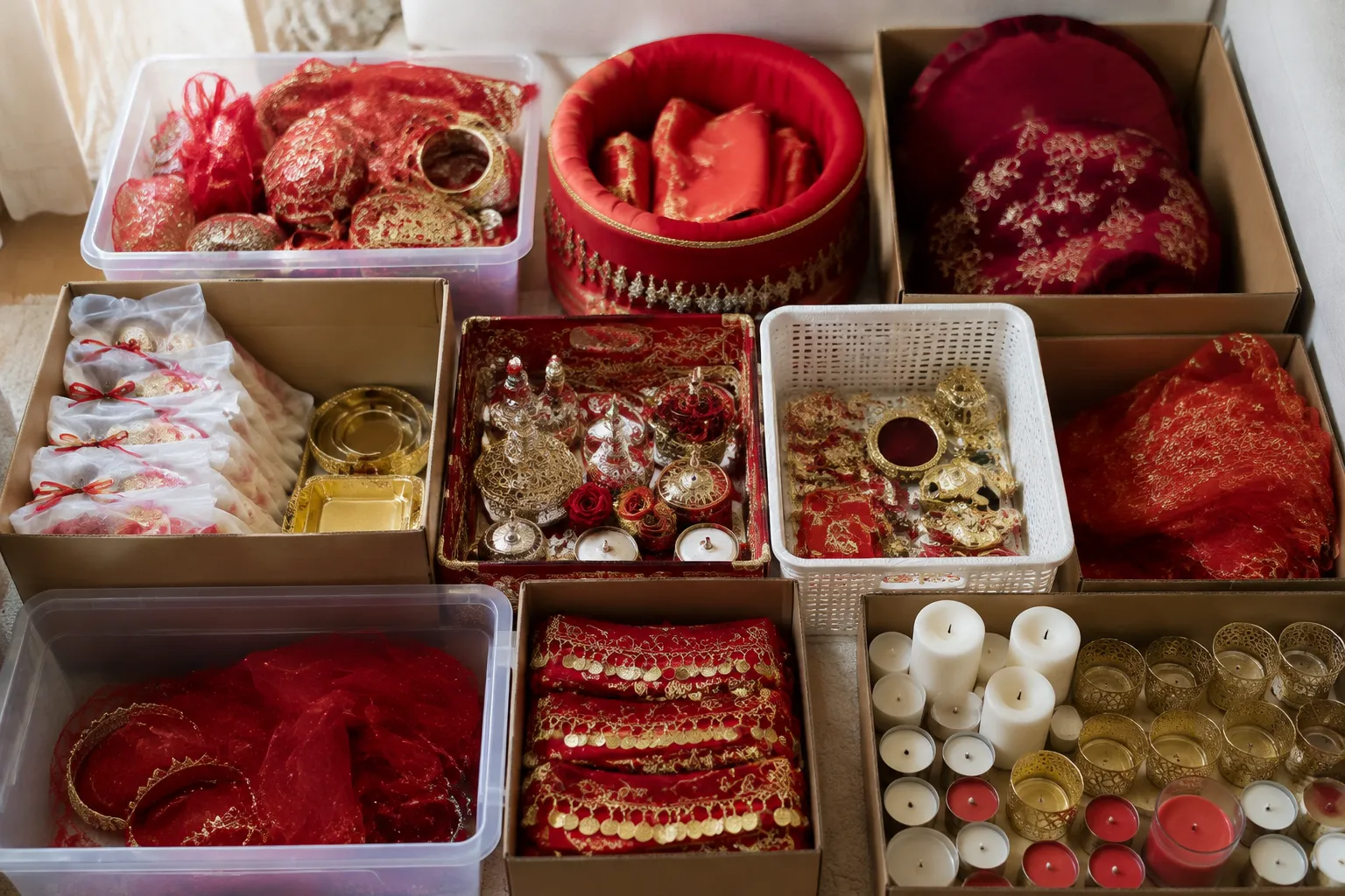 Family-prepared henna night decoration pieces organized for transport and setup