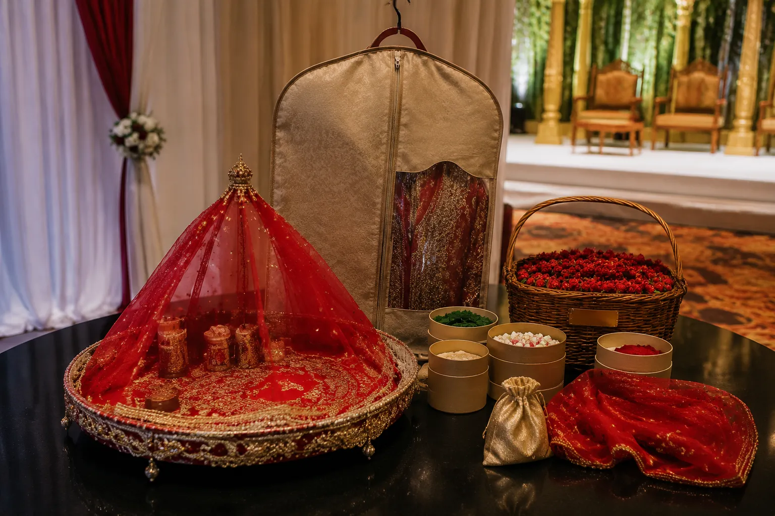 Henna night venue handoff table with tray, clothing, gifts, and ceremony supplies