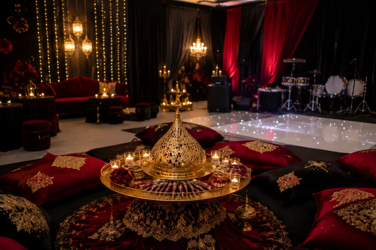 Modern kina gecesi venue with coordinated lighting, seating, and ceremonial henna details