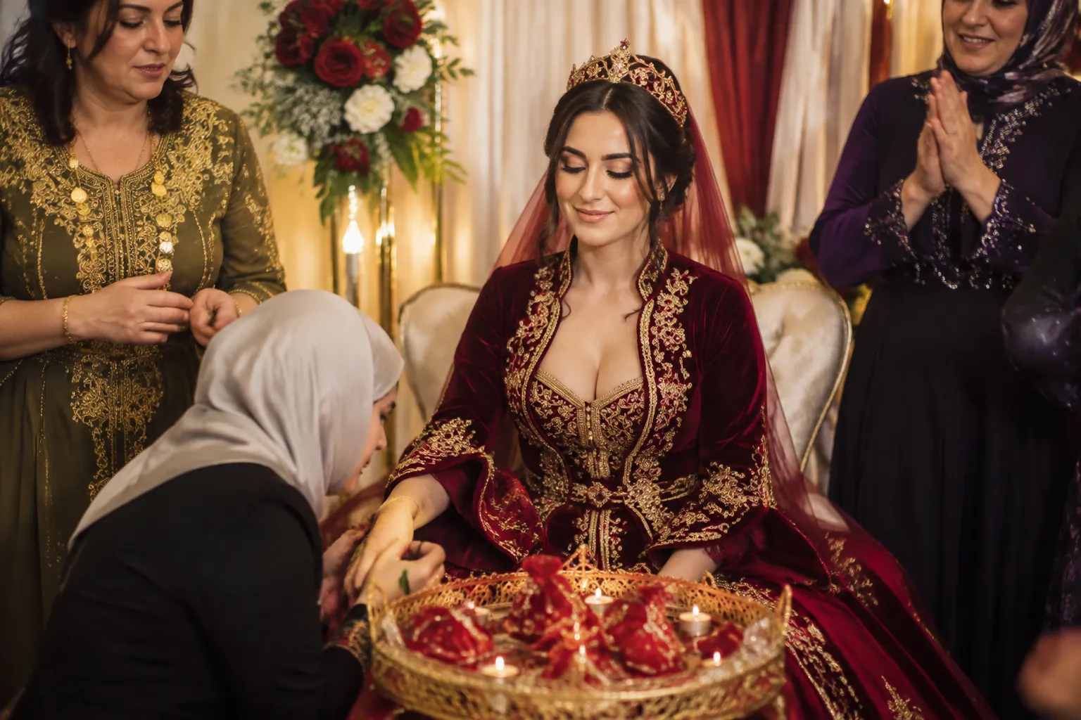 Bride in bindalli beside a henna tray during a modern kina gecesi ceremony