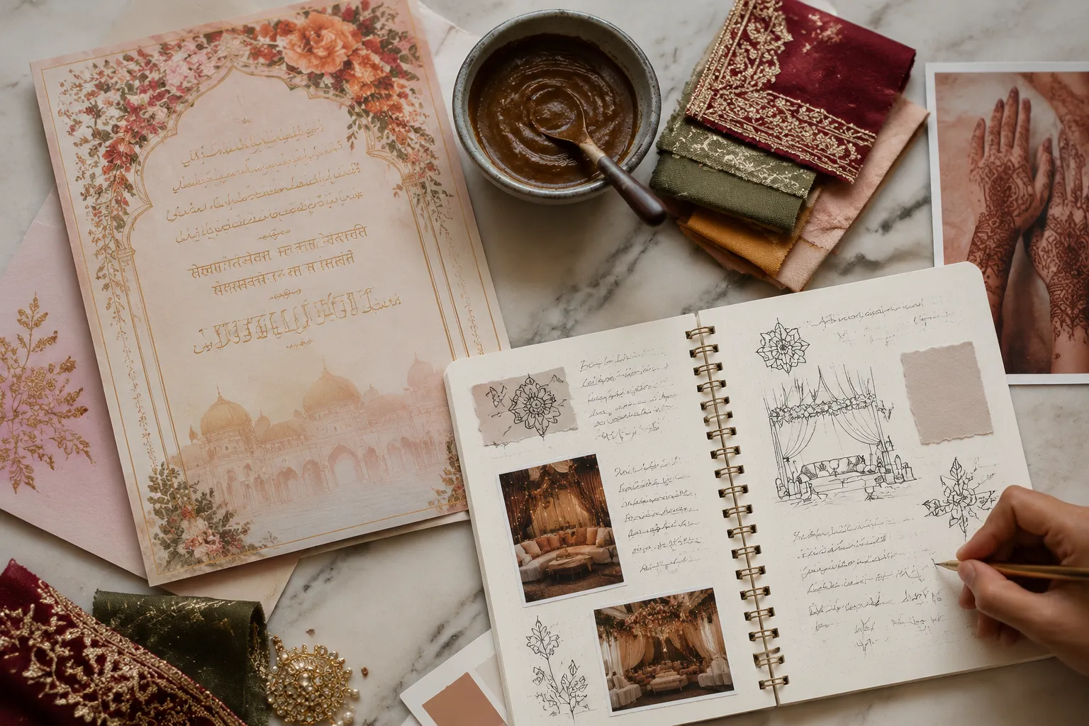 Multilingual wedding invitation message beside henna-night planning notes