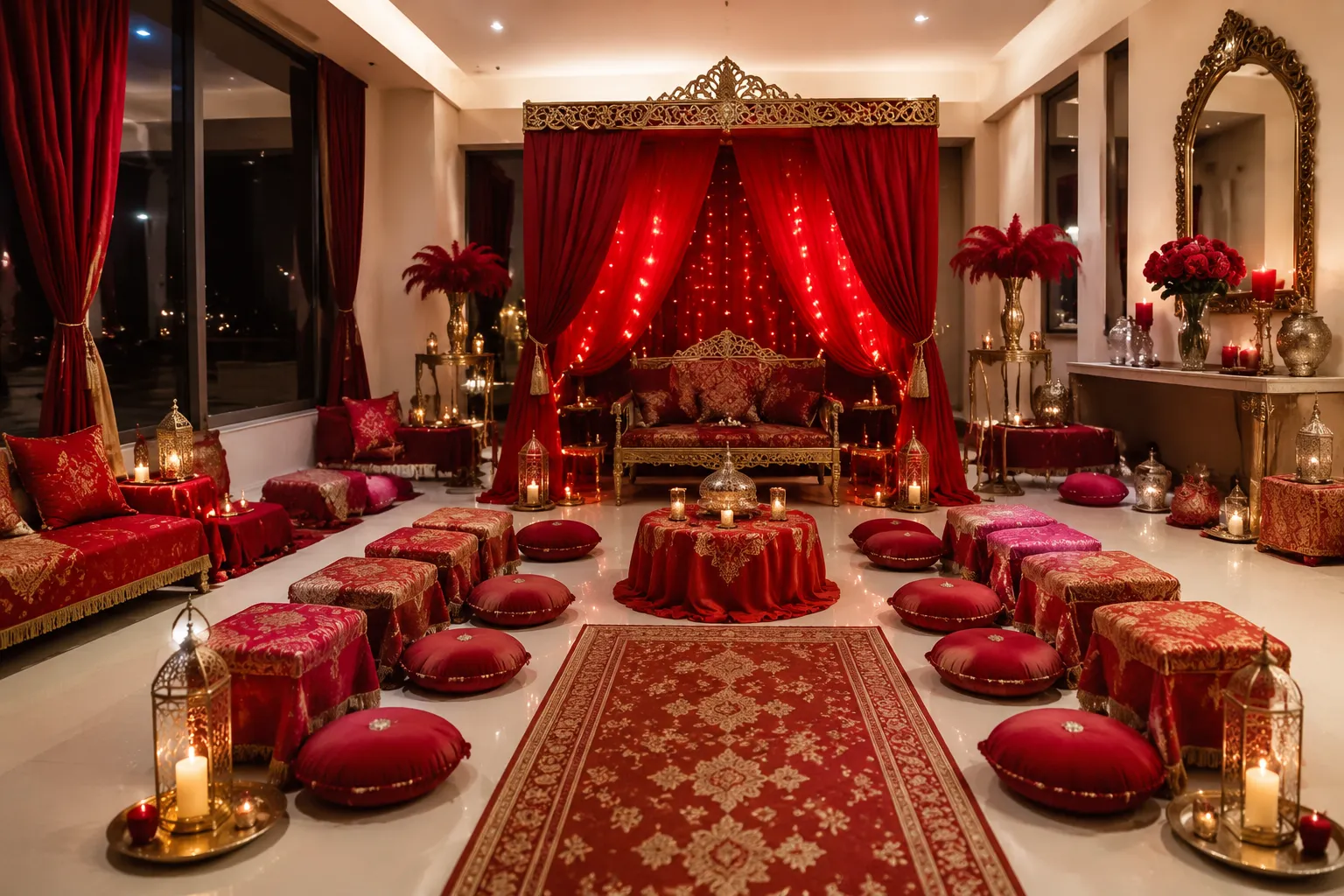 Henna night room styling showing coordinated seating, textiles, and ceremony decoration elements