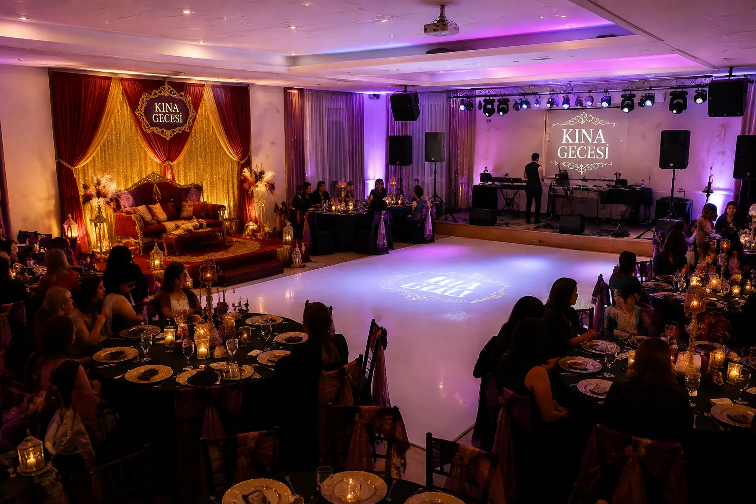 Modern kina gecesi venue layout with ceremony area, seating, and open dance floor