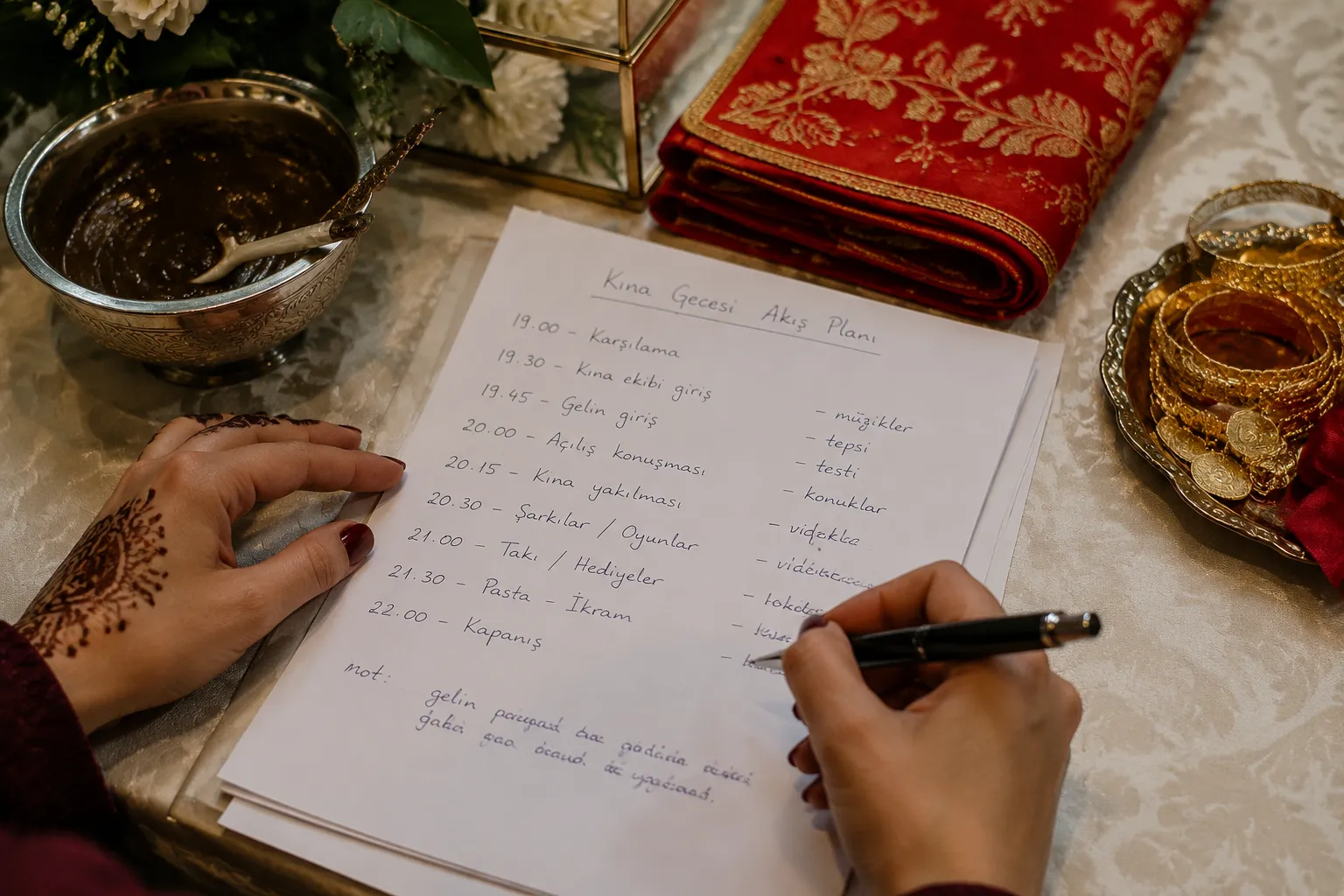 Hands reviewing Turkish wedding planning notes beside henna fabric and gold gifting items